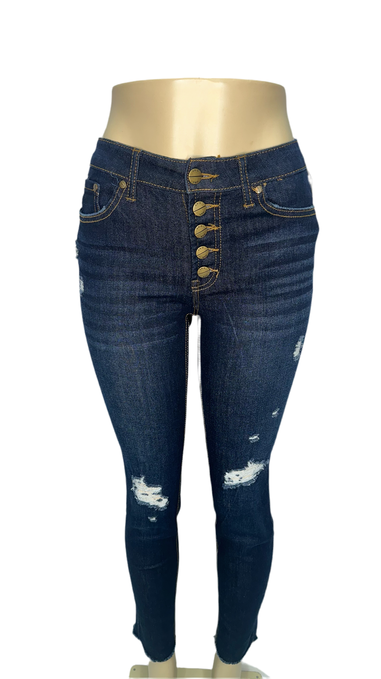 Distressed, dark blue skinny jeans 