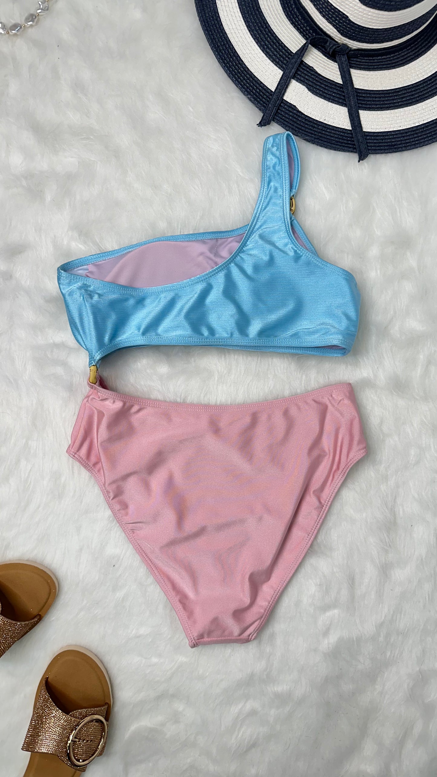 Asymmetrical bikini blue and pink open stomach 