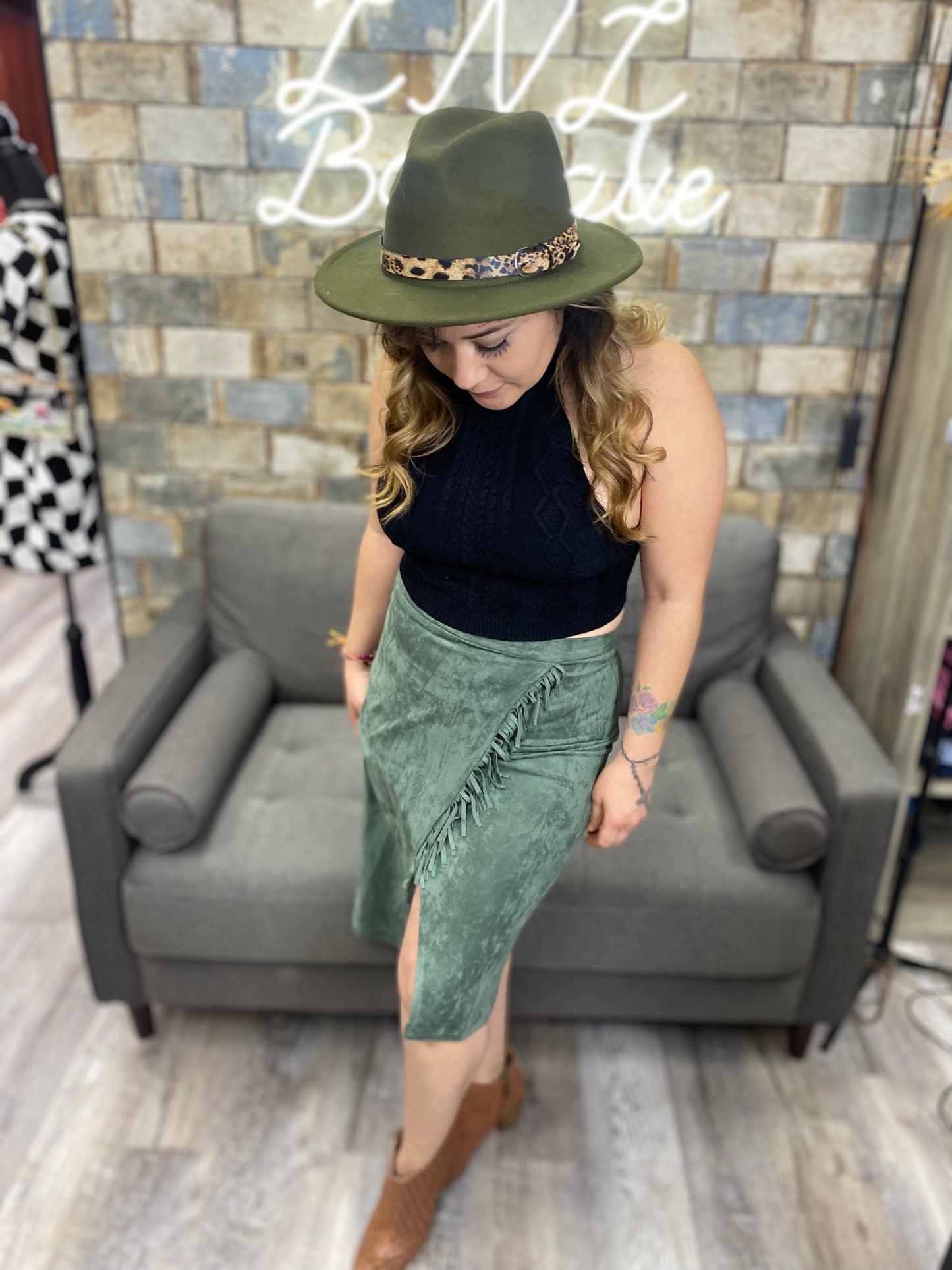 Knee length sage green skirt