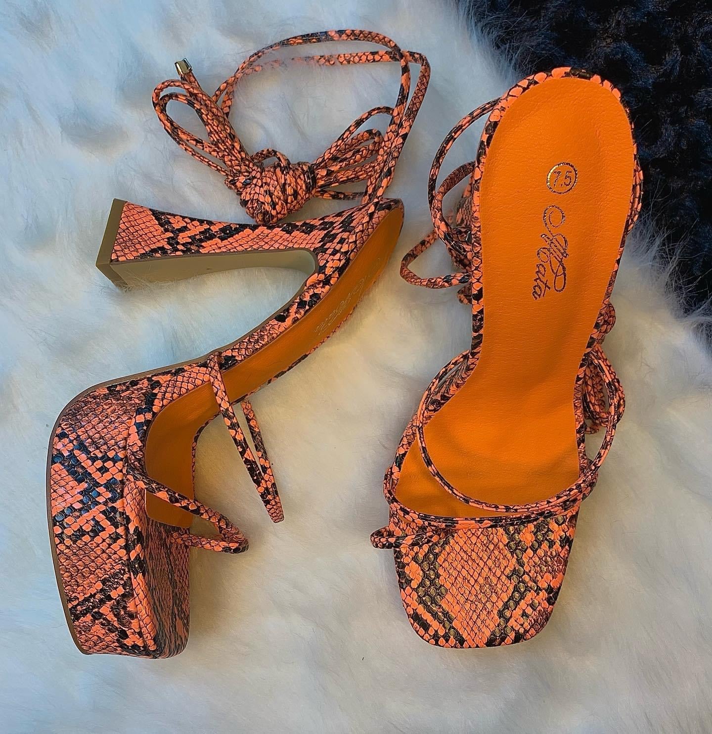 Orange snake print Lace Up Heels