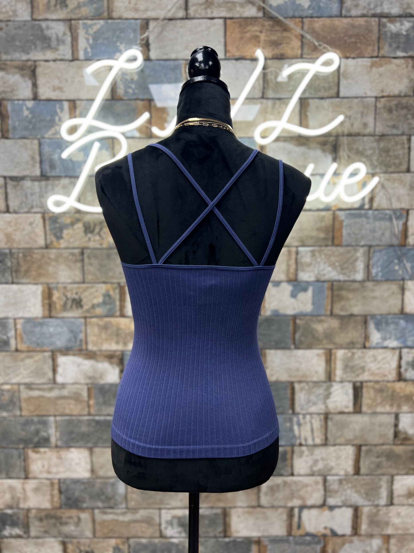 Blue back cross over tank top