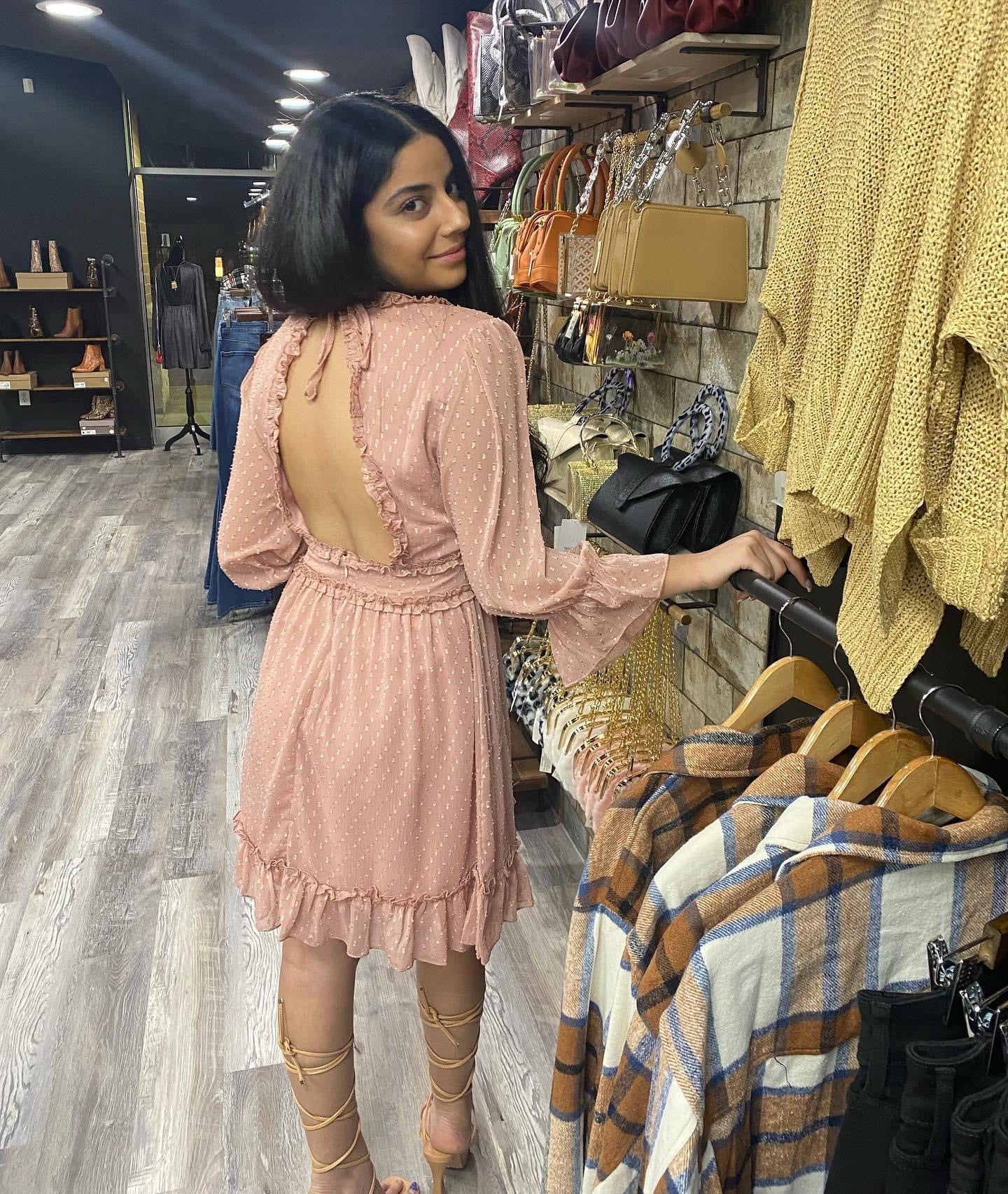 mauve long sleeve v neck dress